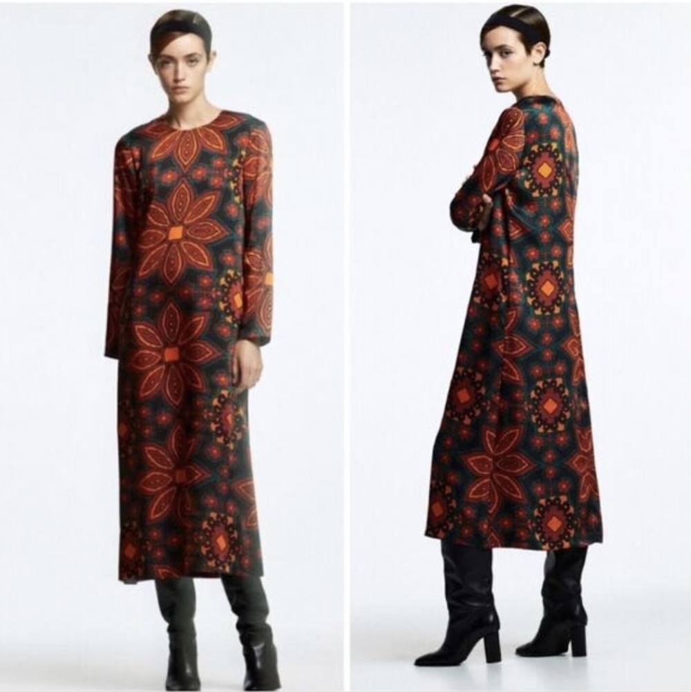 Zara Retro Bohemian Floral Long Sleeve Dress